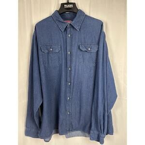 Wrangler Shirt Mens 2XL Blue Chambray Button Front Flap Pockets Long Sleeve